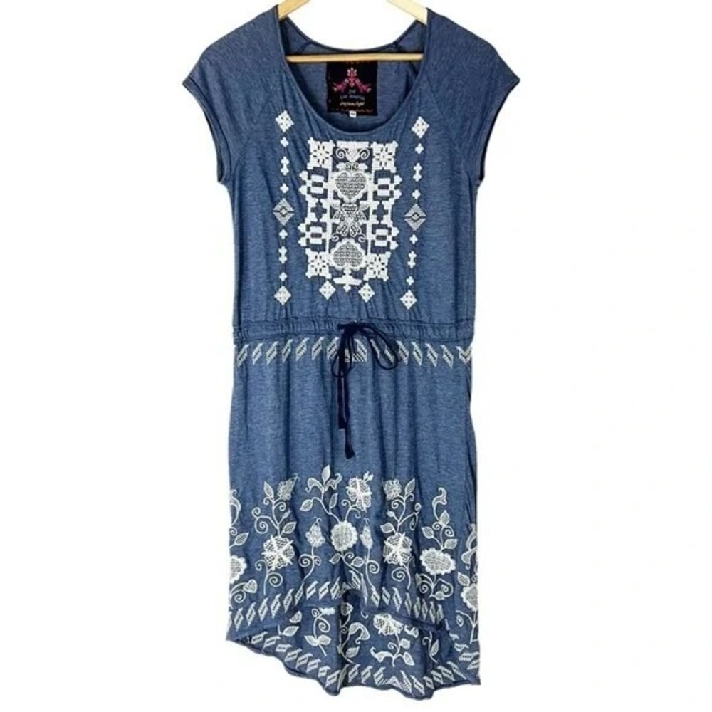 Johnny Was Blue Embroidered Drawstring Waist Boho Artsy Asymmetrical Dress